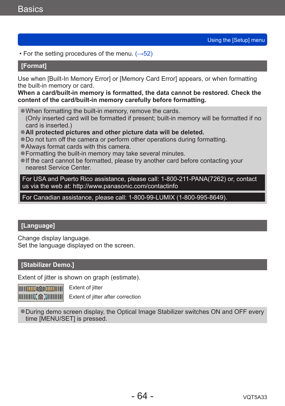 Format, Language, Stabilizer demo | Basics | Panasonic DMC-LF1W User Manual | Page 64 / 285