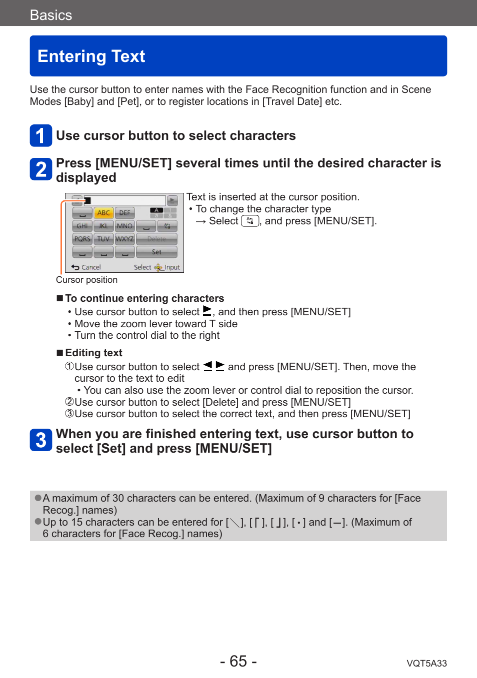 Entering text, Basics | Panasonic DMC-LF1W User Manual | Page 65 / 285
