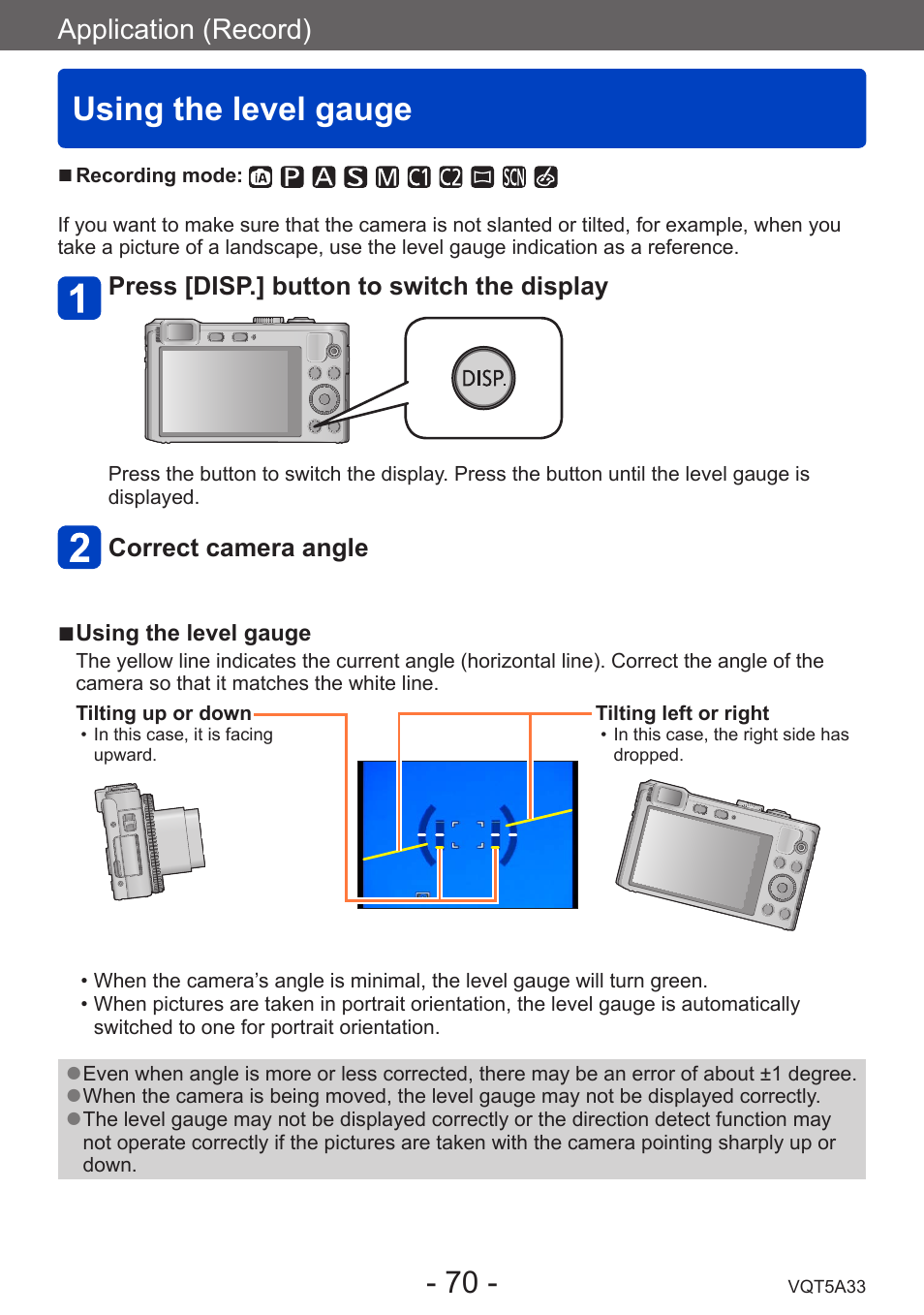 Using the level gauge, Application (record) | Panasonic DMC-LF1W User Manual | Page 70 / 285