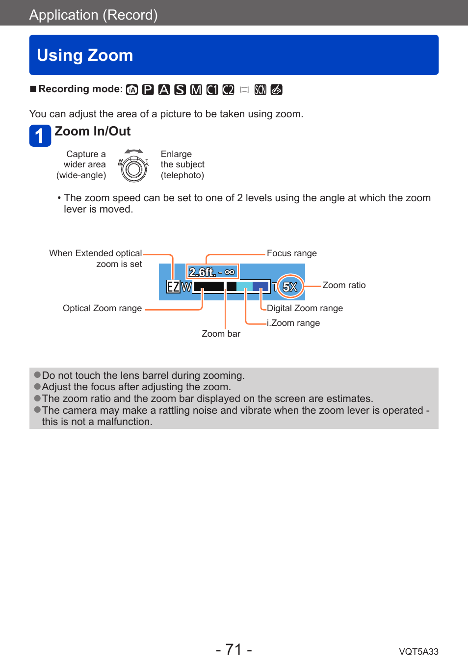 Using zoom, Application (record) | Panasonic DMC-LF1W User Manual | Page 71 / 285