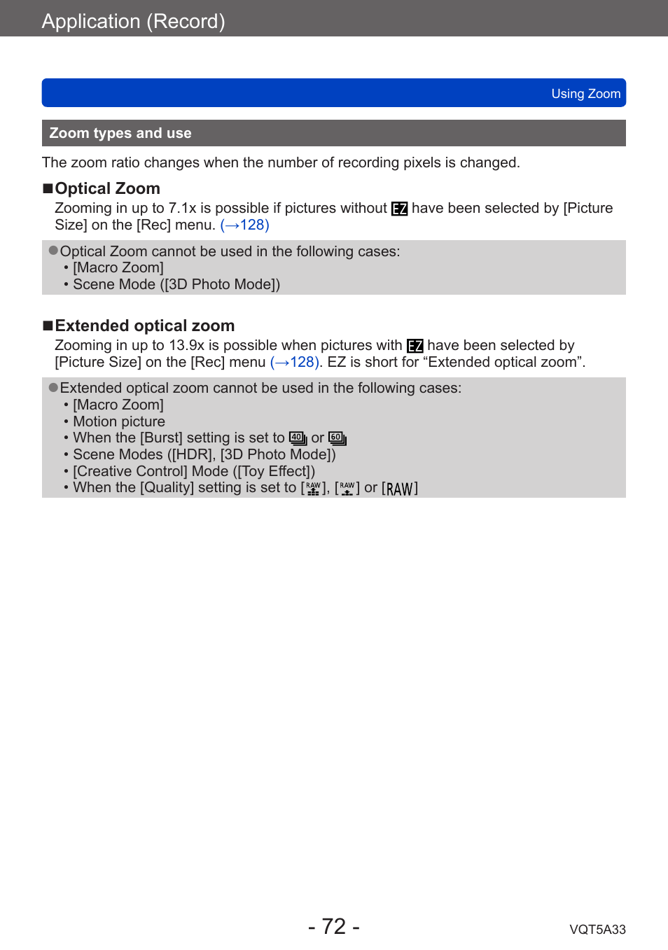 Zoom types and use, Application (record) | Panasonic DMC-LF1W User Manual | Page 72 / 285