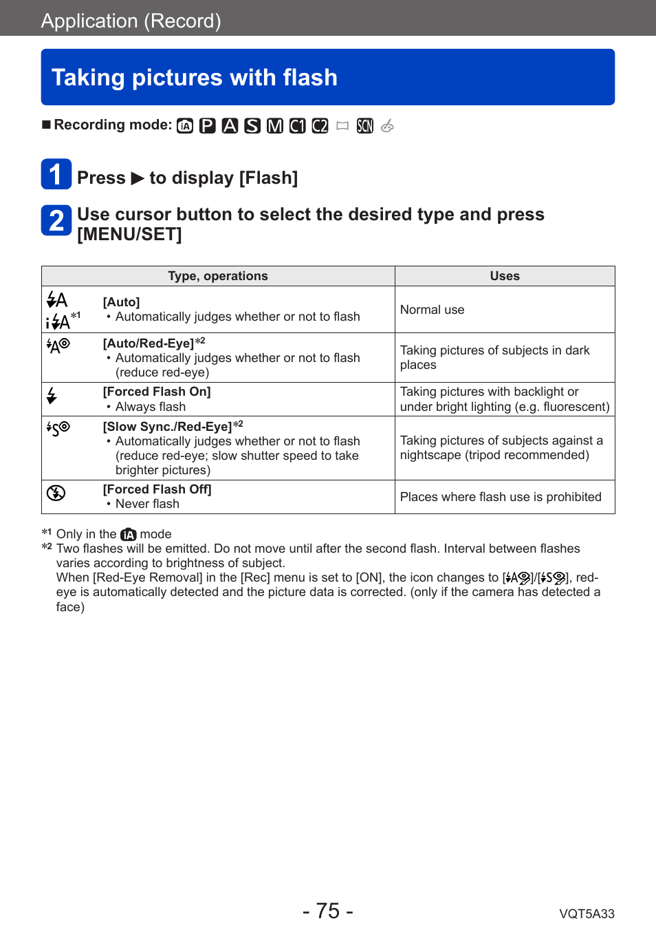 Taking pictures with flash, Application (record) | Panasonic DMC-LF1W User Manual | Page 75 / 285