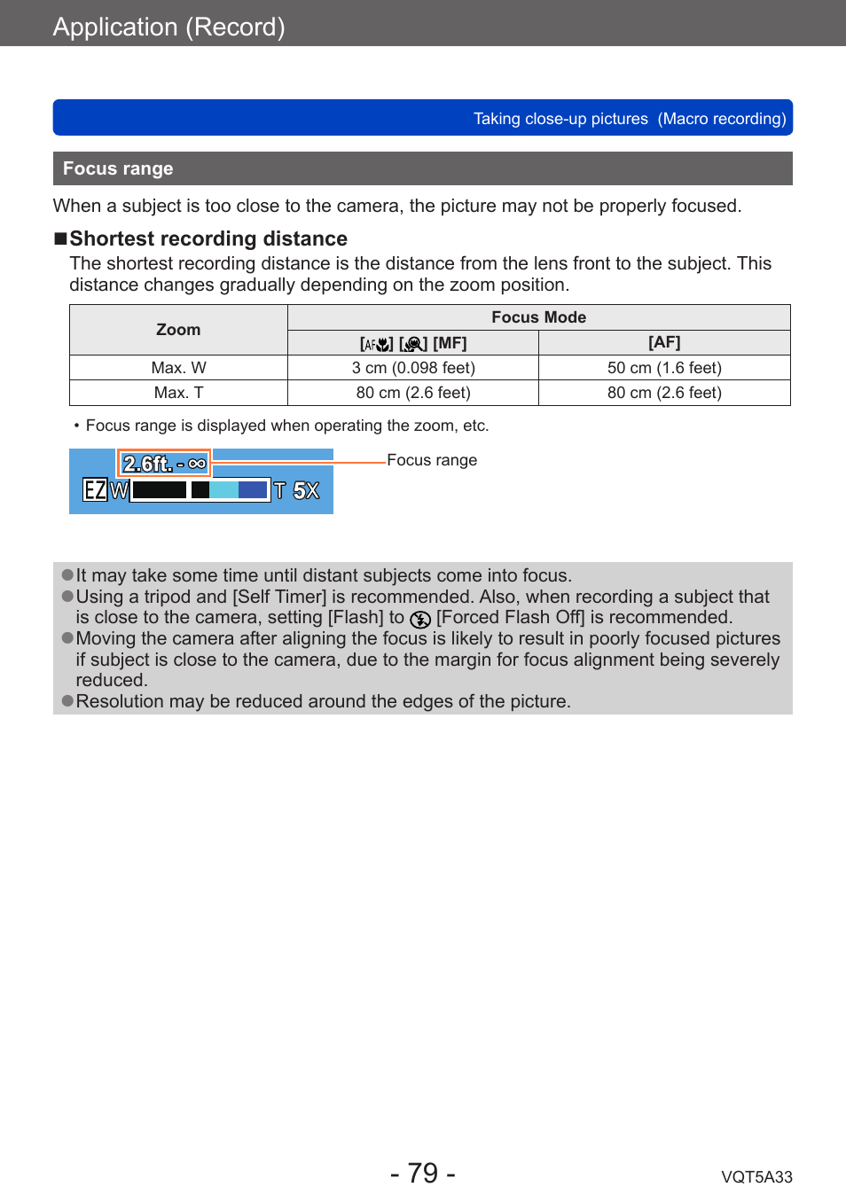 Focus range, Application (record) | Panasonic DMC-LF1W User Manual | Page 79 / 285