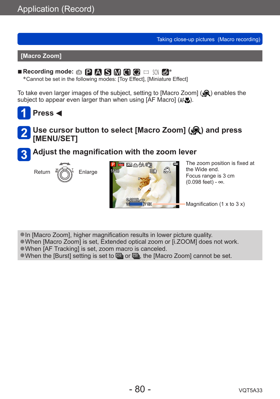 Macro zoom, Application (record) | Panasonic DMC-LF1W User Manual | Page 80 / 285