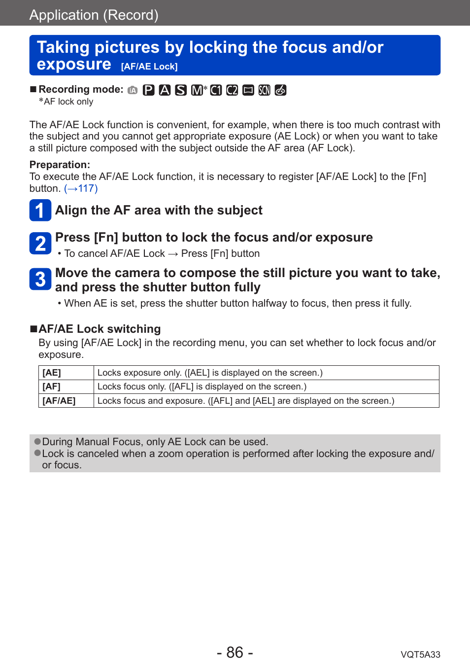 Taking pictures by locking the, Focus and/or exposure, Af/ae lock | Application (record) | Panasonic DMC-LF1W User Manual | Page 86 / 285