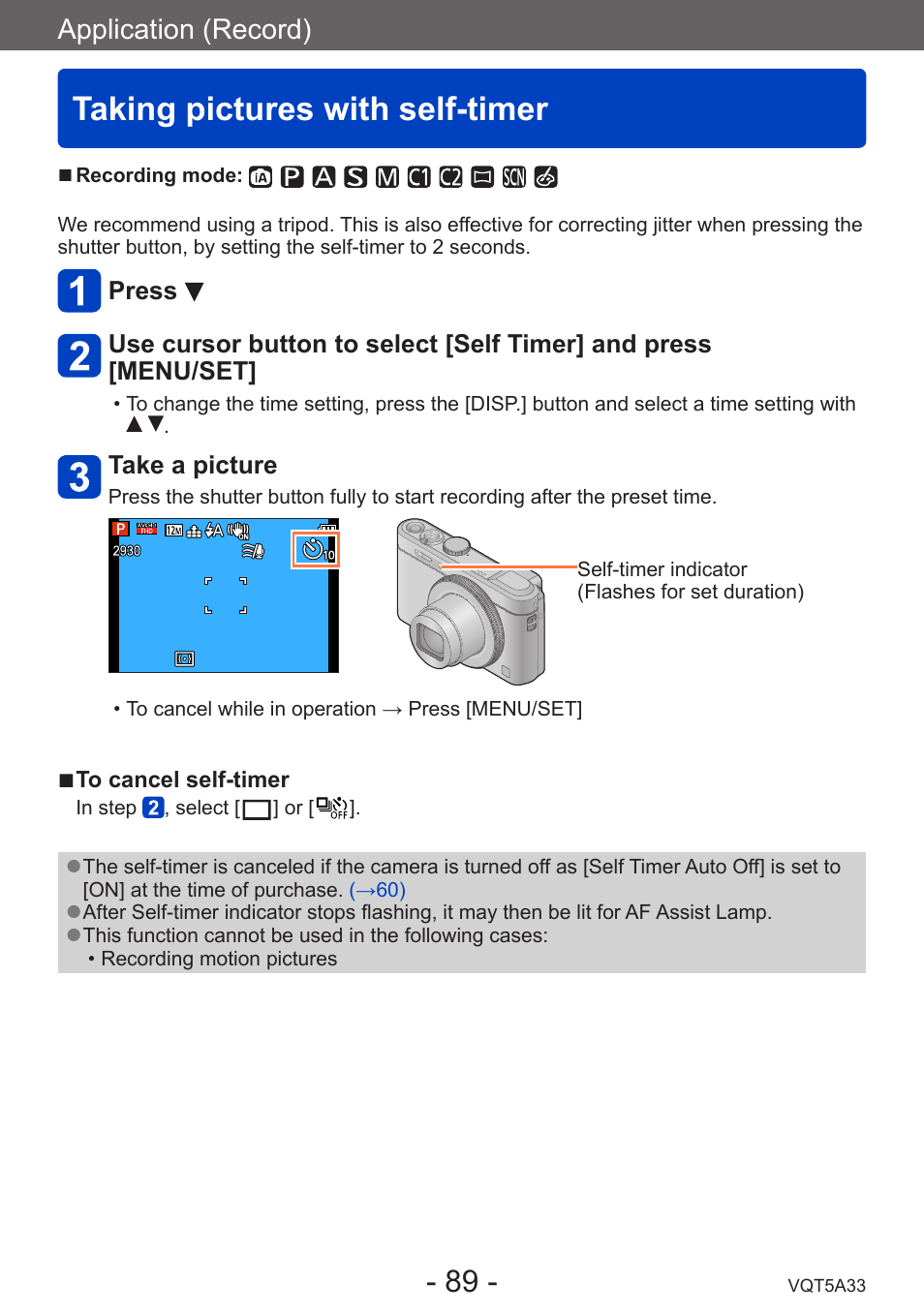 Taking pictures with self-timer, Application (record) | Panasonic DMC-LF1W User Manual | Page 89 / 285