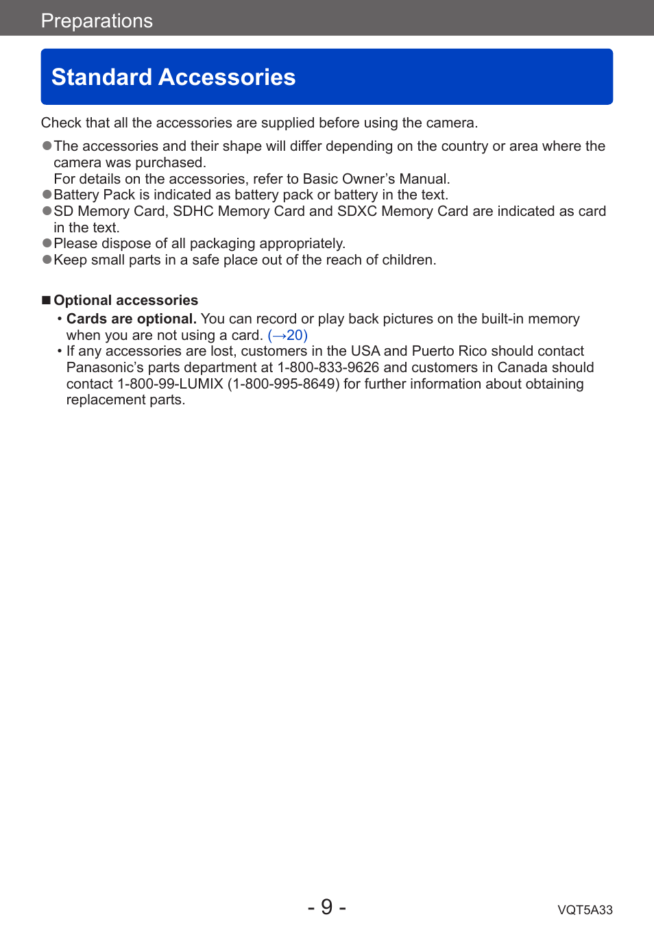 Standard accessories | Panasonic DMC-LF1W User Manual | Page 9 / 285