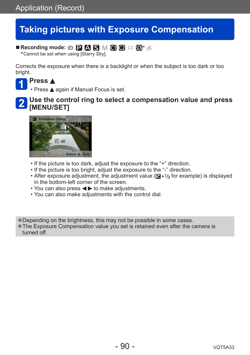 Taking pictures with exposure compensation, Taking pictures with exposure, Compensation | Application (record) | Panasonic DMC-LF1W User Manual | Page 90 / 285