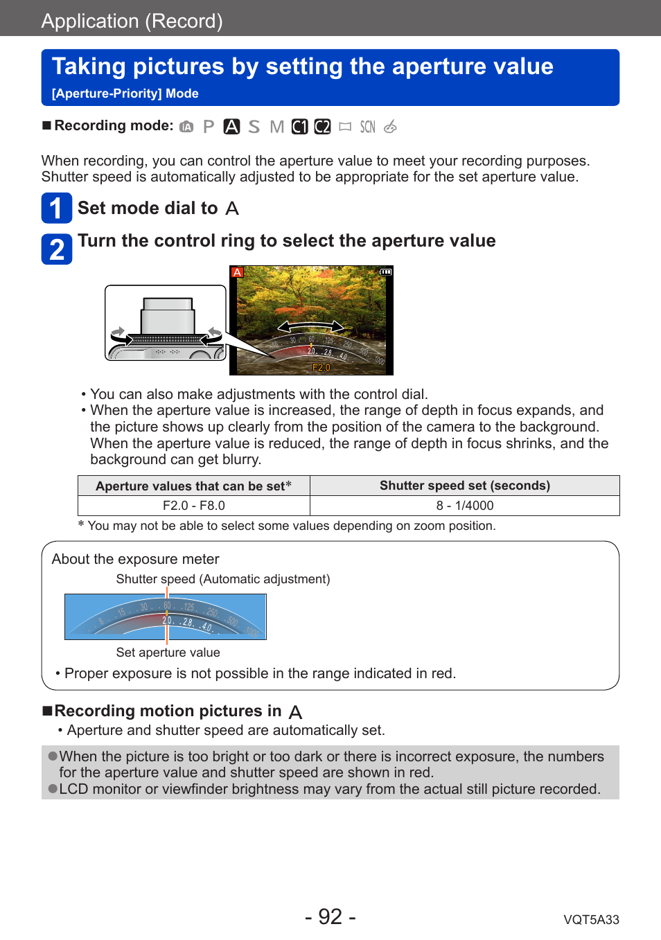 Taking pictures by setting the, Aperture value, Aperture-priority] mode | Taking pictures by setting the aperture value, Application (record) | Panasonic DMC-LF1W User Manual | Page 92 / 285
