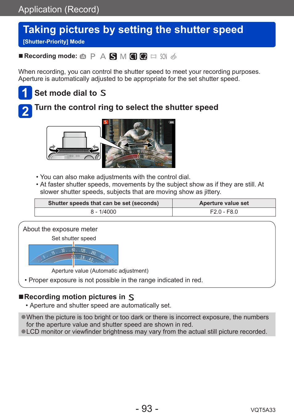 Taking pictures by setting the, Shutter speed, Shutter-priority] mode | Taking pictures by setting the shutter speed, Application (record) | Panasonic DMC-LF1W User Manual | Page 93 / 285