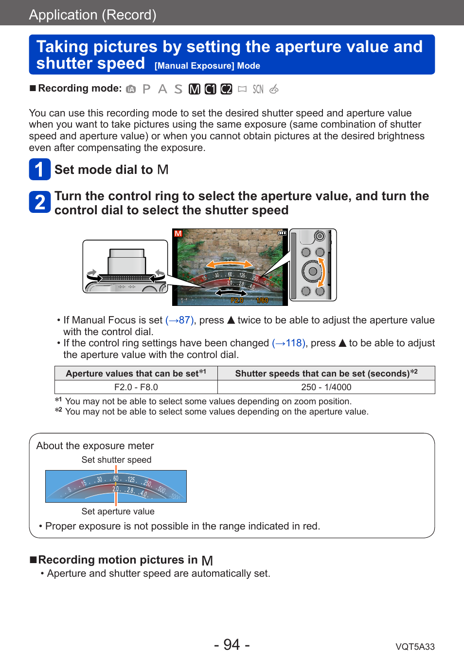 Taking pictures by setting the, Aperture value and shutter speed, Manual exposure] mode | Application (record) | Panasonic DMC-LF1W User Manual | Page 94 / 285