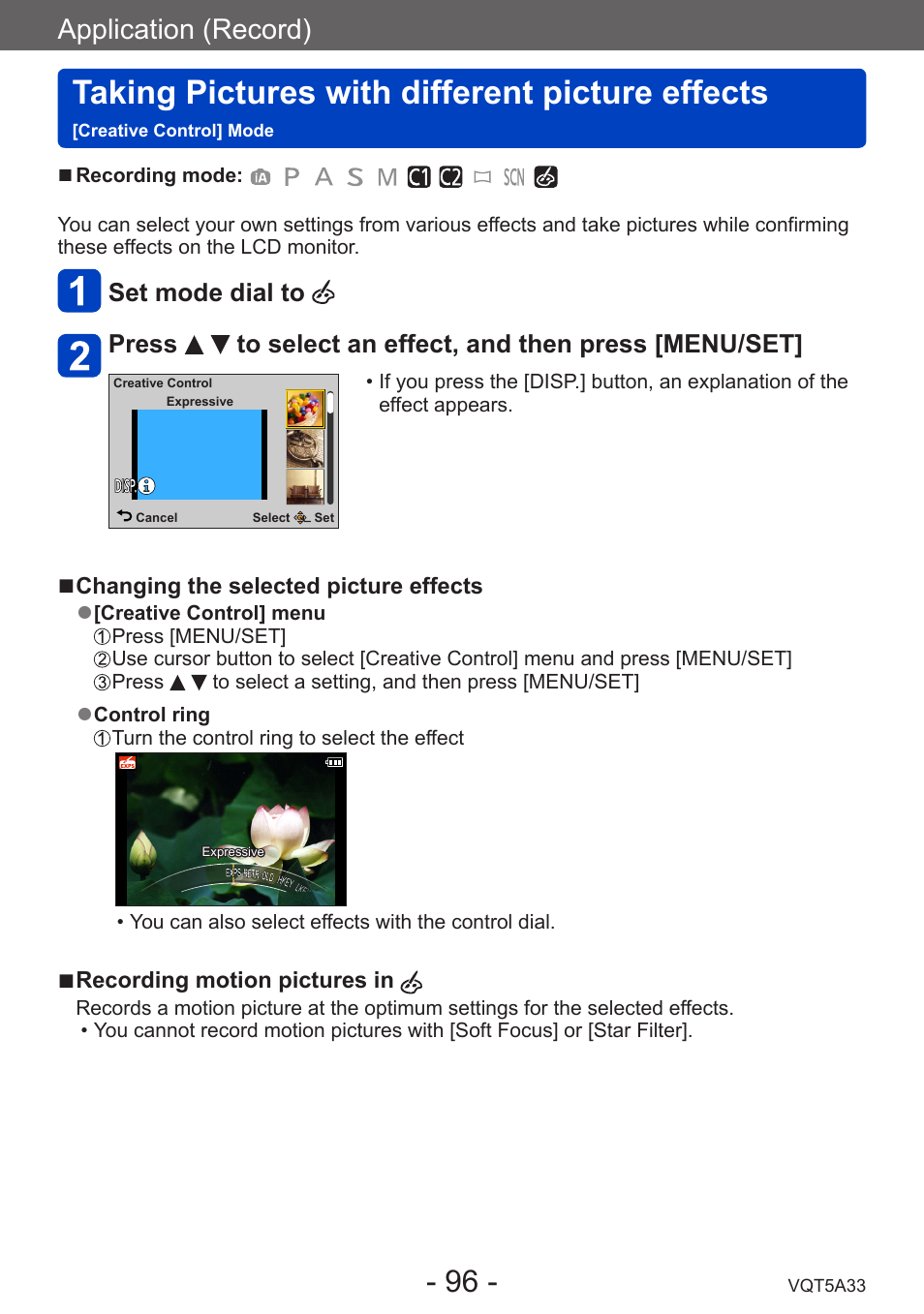 Taking pictures with different, Picture effects, Creative control] mode | Taking pictures with different picture effects, Application (record) | Panasonic DMC-LF1W User Manual | Page 96 / 285