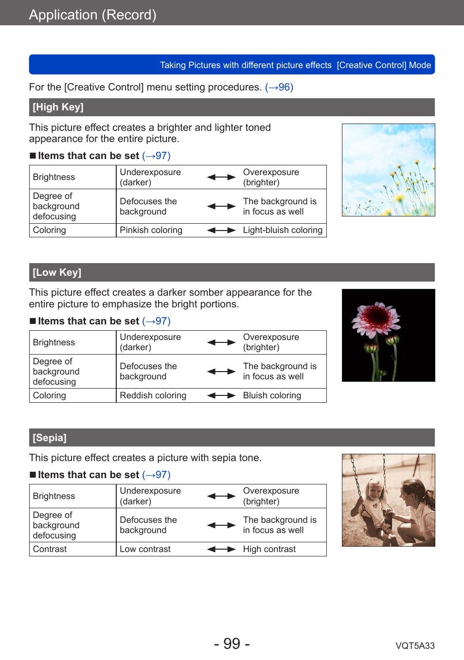 High key, Low key, Sepia | Application (record) | Panasonic DMC-LF1W User Manual | Page 99 / 285