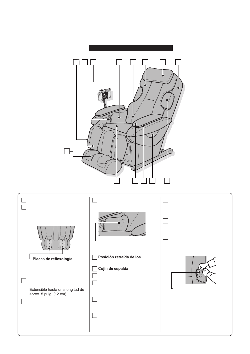 Nombre y función de las partes, Sillón de masaje, Frente | Panasonic EP30007KX User Manual | Page 20 / 33