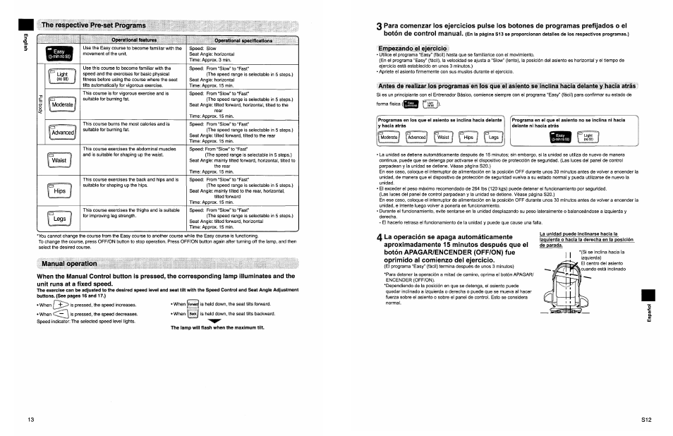 The respective pre-set programs, Operational features, Operational specifications | Manual operation | Panasonic EU7805K User Manual | Page 14 / 23