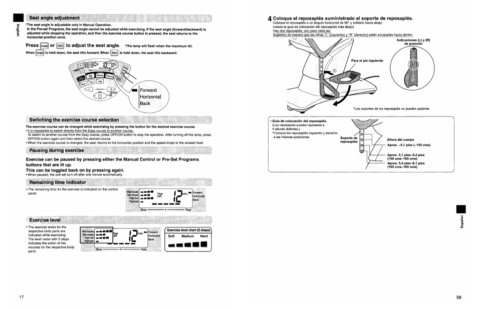 Switching the exercise course selection, Pausing during exercise, This can be toggled back on by pressing again | Remaining time indicator, Exercise level, Seat angle adjustment, Ssek. tpiisclss | Panasonic EU7805K User Manual | Page 18 / 23