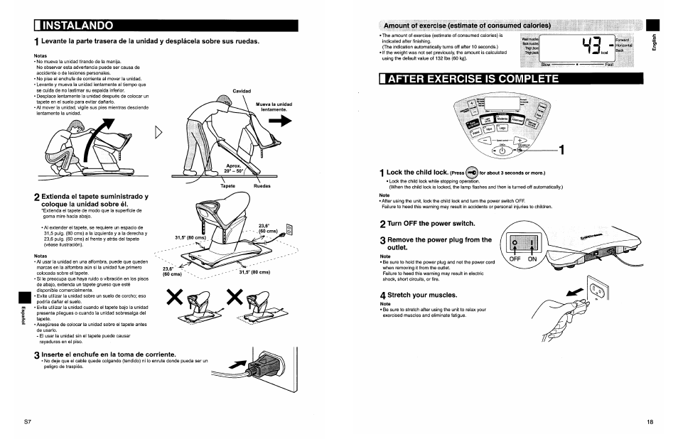 Amount of exercise (estimate of consumed caiories), Note, 2 turn off the power switch | 3 remove the power plug from the outlet, 4 stretch your muscles, After exercise is complete | Panasonic EU7805K User Manual | Page 19 / 23