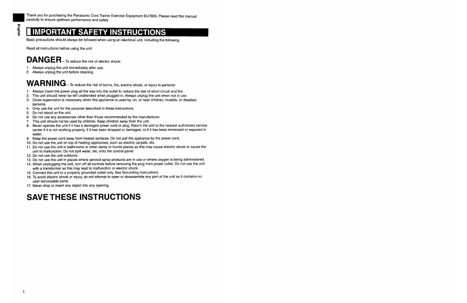 Important safety instructions, Danger, Warning | Save these instructions | Panasonic EU7805K User Manual | Page 2 / 23