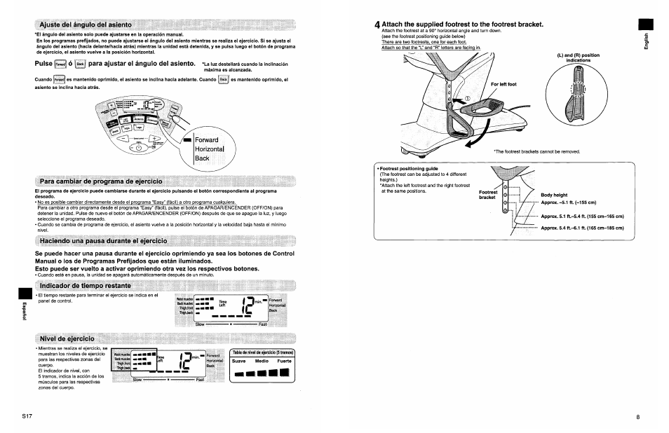 Footrest positioning guide, Body height | Panasonic EU7805K User Manual | Page 9 / 23