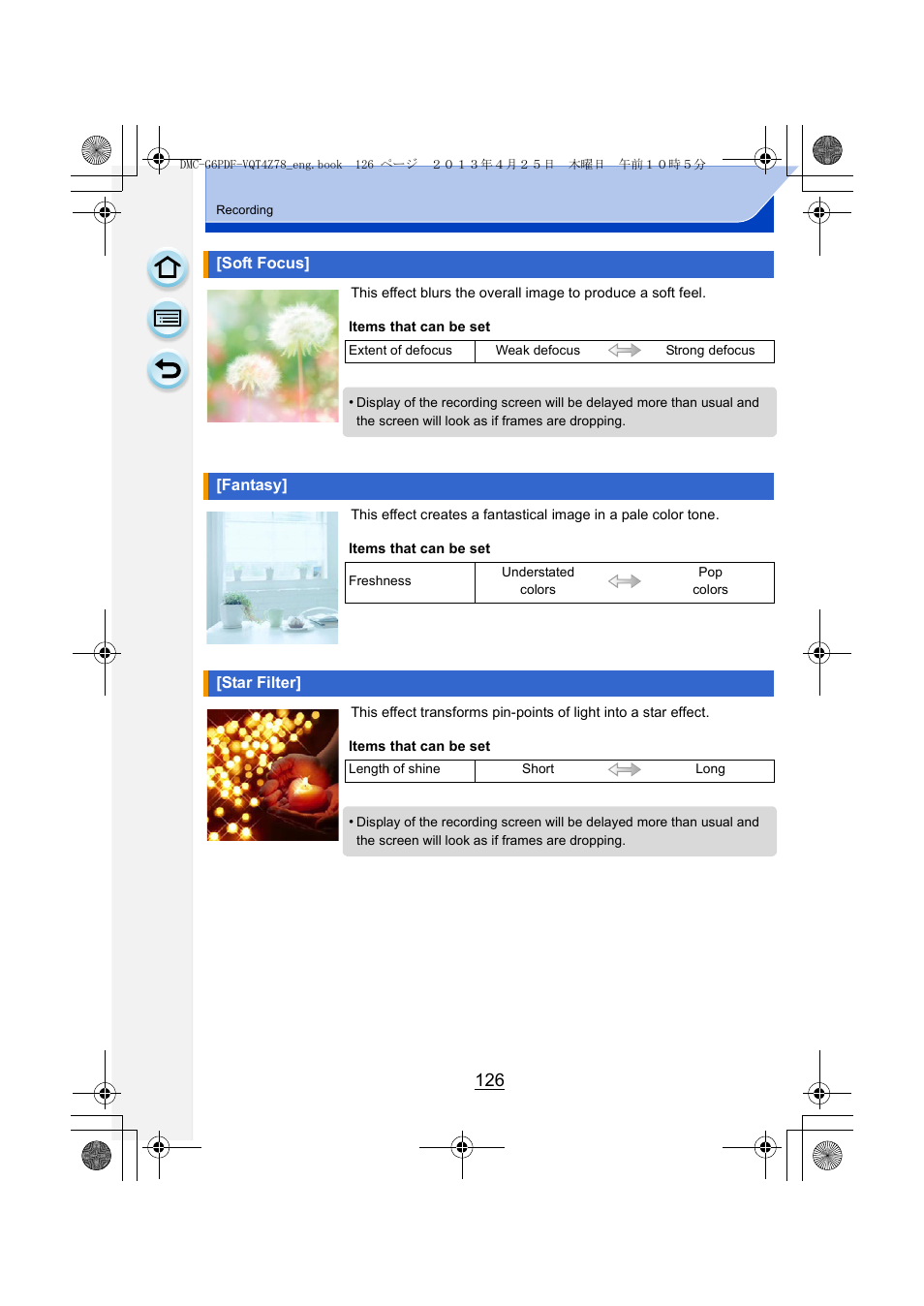Soft focus, Fantasy, Star filter | Soft focus] • [fantasy] • [star filter | Panasonic DMC-G6KK User Manual | Page 126 / 356