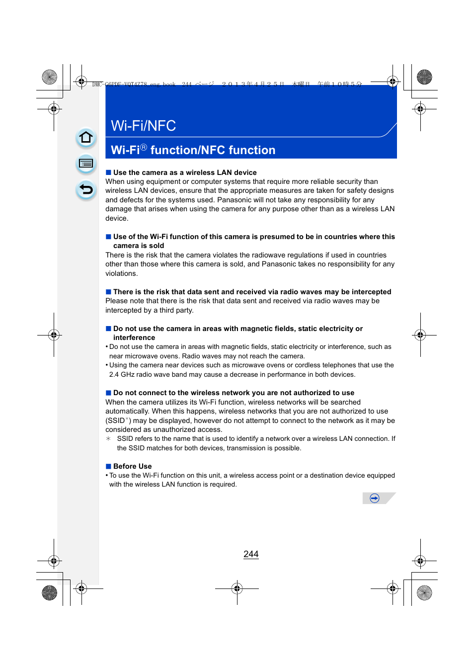 Wi-fi/nfc, Wi-fi function/nfc function, P244 | Wi-fi, Function/nfc function | Panasonic DMC-G6KK User Manual | Page 244 / 356