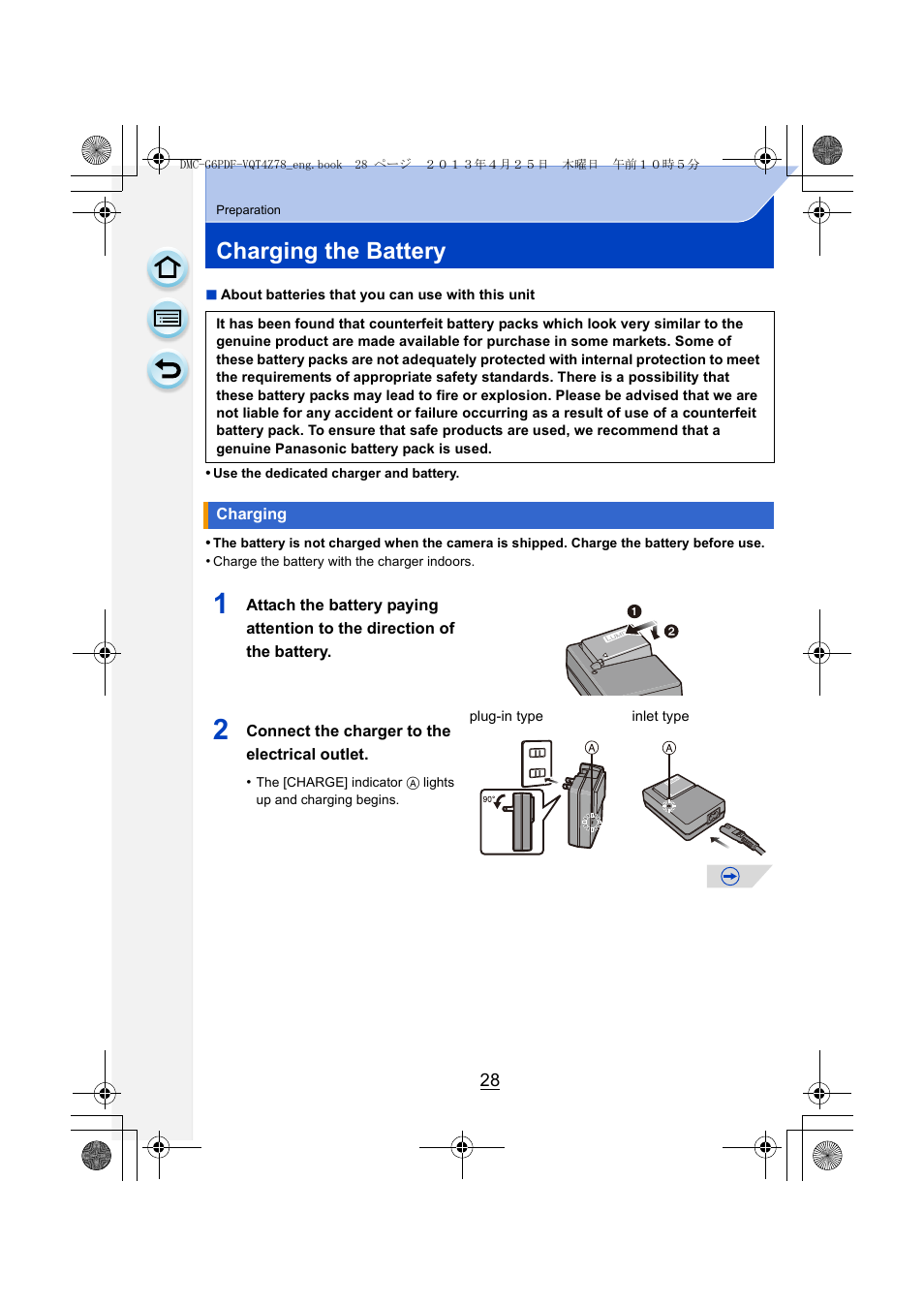 Charging the battery, Charging | Panasonic DMC-G6KK User Manual | Page 28 / 356