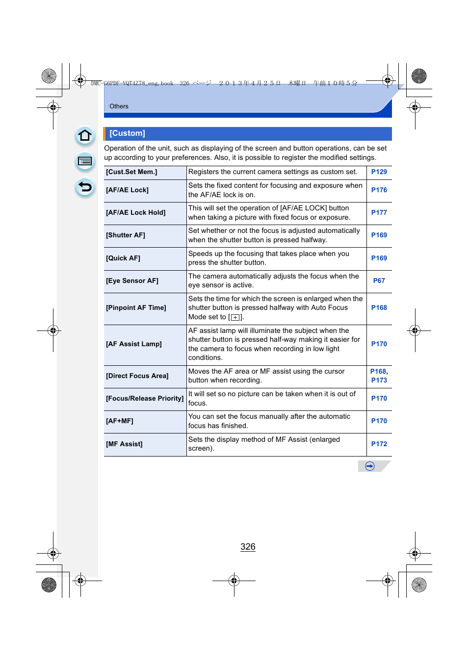 Custom, P326 | Panasonic DMC-G6KK User Manual | Page 326 / 356