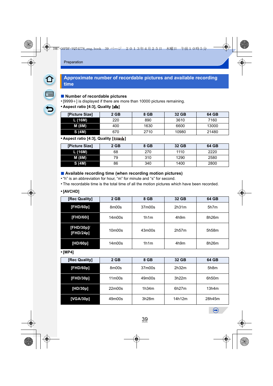 Approximate number of recordable pictures and, Available recording time | Panasonic DMC-G6KK User Manual | Page 39 / 356