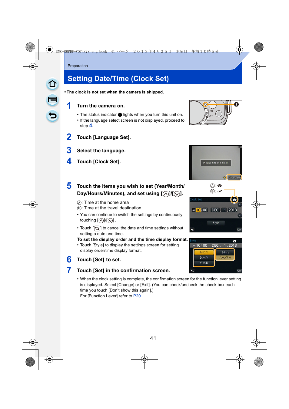 Setting date/time (clock set), P41) | Panasonic DMC-G6KK User Manual | Page 41 / 356