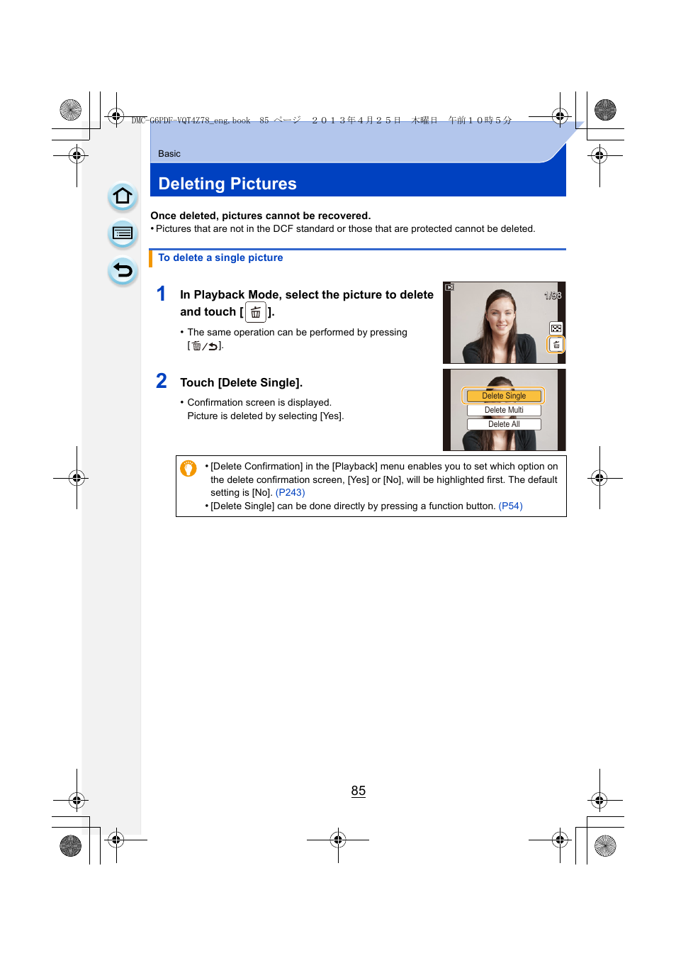 Deleting pictures, P85) | Panasonic DMC-G6KK User Manual | Page 85 / 356