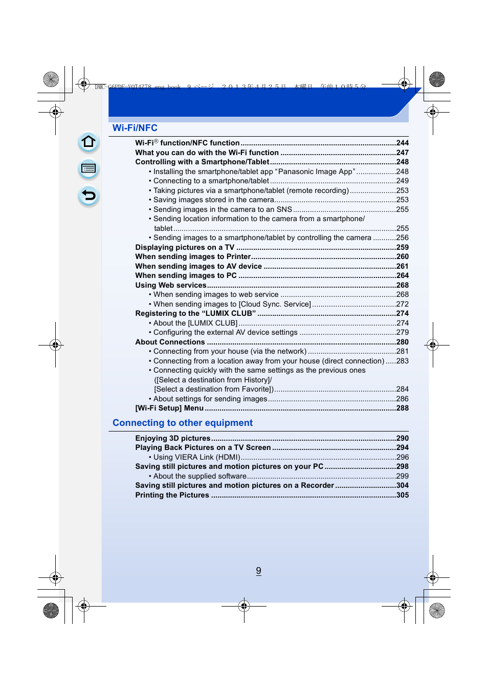 9wi-fi/nfc, Connecting to other equipment | Panasonic DMC-G6KK User Manual | Page 9 / 356
