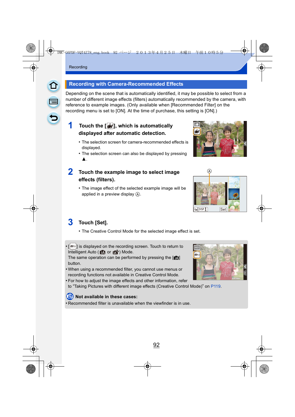 Recording with camera-recommended effects | Panasonic DMC-G6KK User Manual | Page 92 / 356