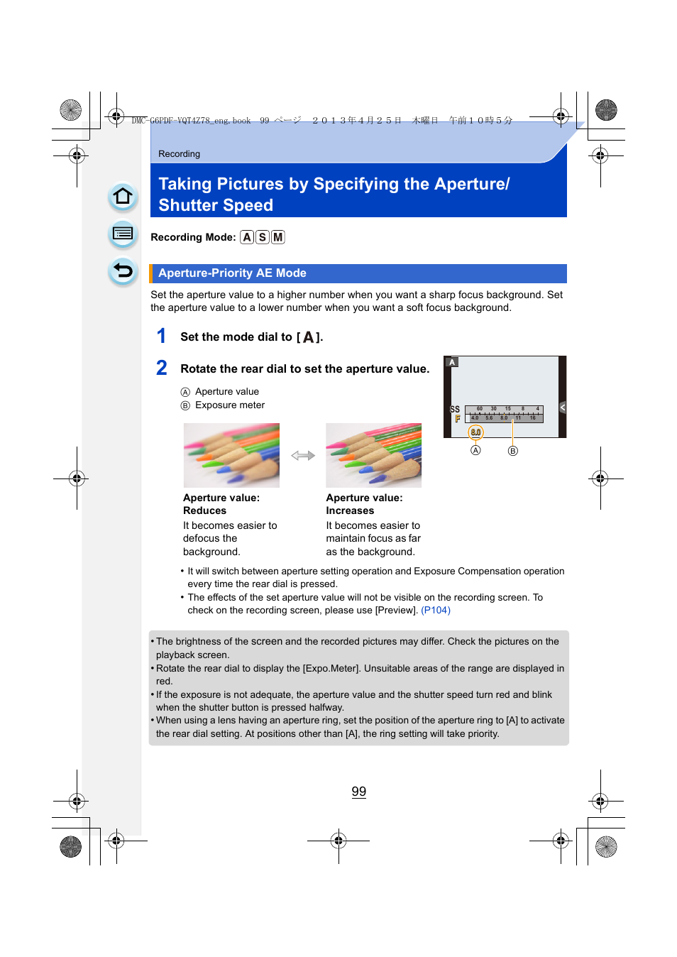 Aperture-priority ae mode, P99) | Panasonic DMC-G6KK User Manual | Page 99 / 356