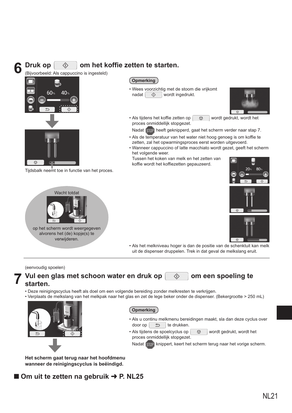 Nl21, Druk op om het koffie zetten te starten, Q om uit te zetten na gebruik « p. nl25 | Panasonic NCZA1 User Manual | Page 111 / 268