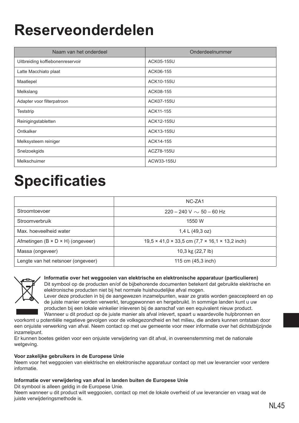 Reserveonderdelen specificaties, Nl45 | Panasonic NCZA1 User Manual | Page 135 / 268