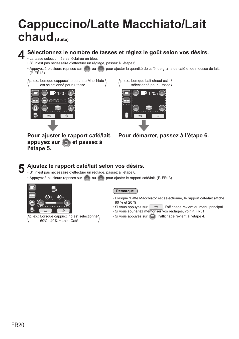 Cappuccino/latte macchiato/lait chaud, Fr20 | Panasonic NCZA1 User Manual | Page 154 / 268