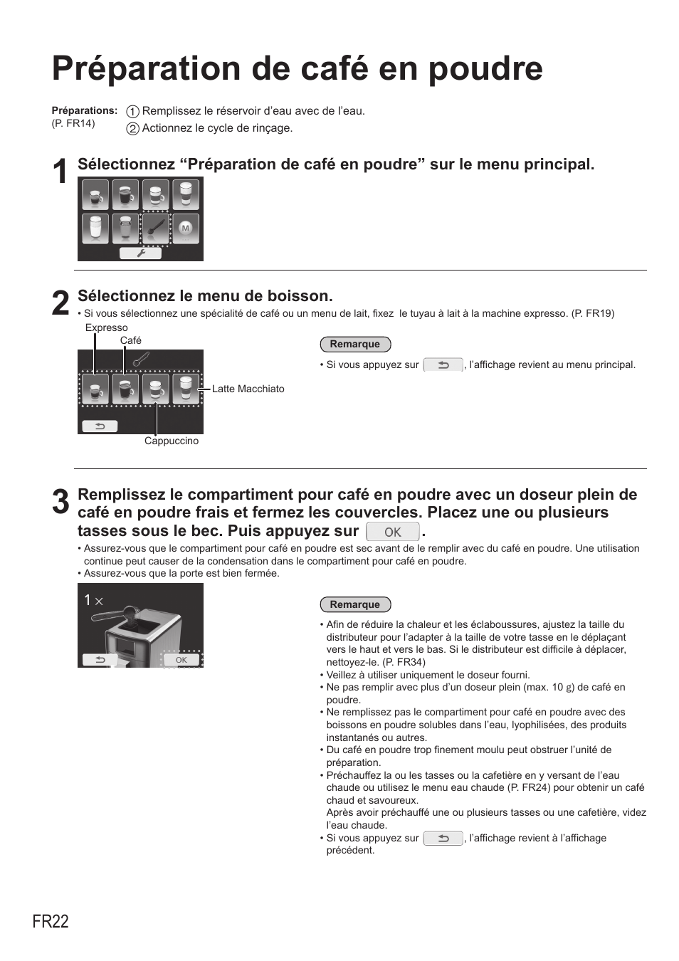 Préparation de café en poudre, Fr22, Sélectionnez le menu de boisson | Panasonic NCZA1 User Manual | Page 156 / 268