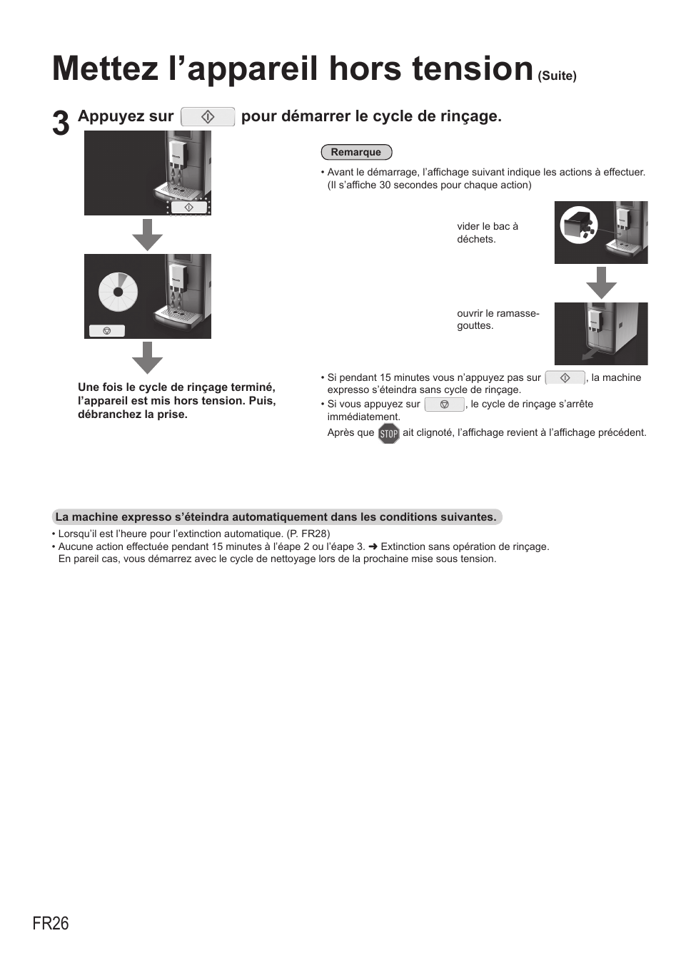 Mettez l’appareil hors tension, Fr26, Appuyez sur pour démarrer le cycle de rinçage | Panasonic NCZA1 User Manual | Page 160 / 268