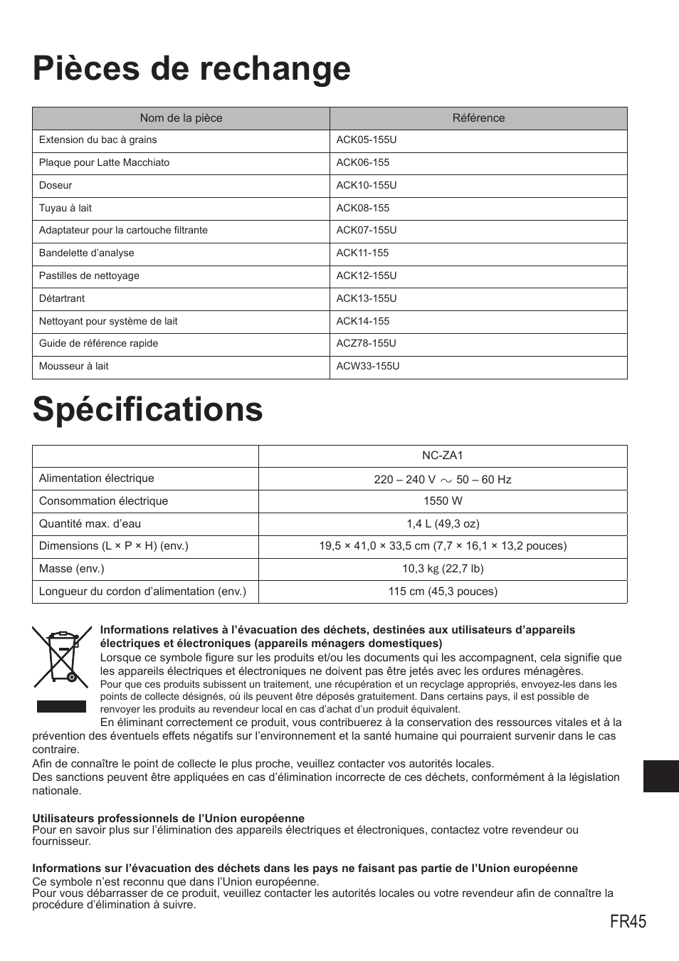 Pièces de rechange spécifications, Fr45 | Panasonic NCZA1 User Manual | Page 179 / 268