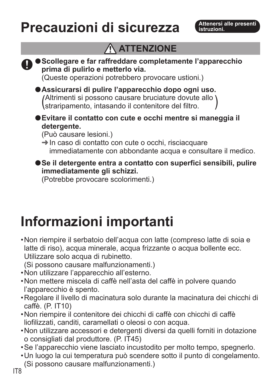 Precauzioni di sicurezza, Informazioni importanti, Attenzione | Panasonic NCZA1 User Manual | Page 186 / 268