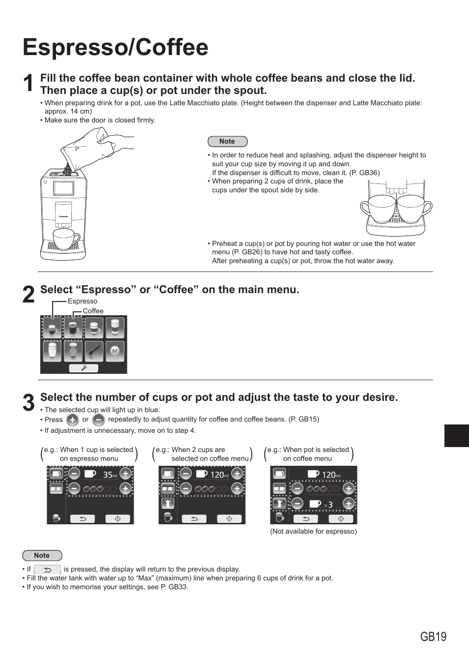 Espresso/coffee 1, Gb19 | Panasonic NCZA1 User Manual | Page 19 / 268