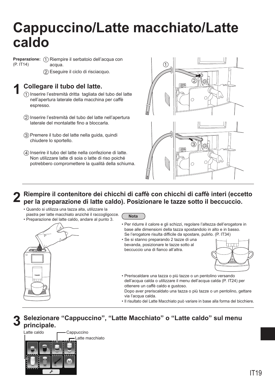 Cappuccino/latte macchiato/latte caldo, It19 | Panasonic NCZA1 User Manual | Page 197 / 268