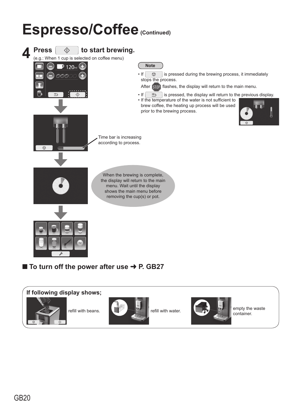 Espresso/coffee, Gb20, Press to start brewing | Q to turn off the power after use « p. gb27 | Panasonic NCZA1 User Manual | Page 20 / 268