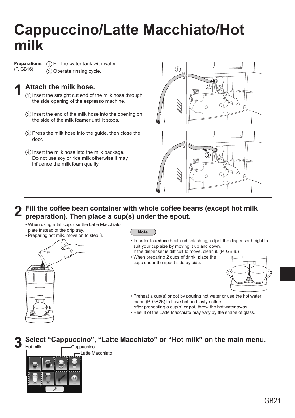 Cappuccino/latte macchiato/hot milk, Gb21 | Panasonic NCZA1 User Manual | Page 21 / 268