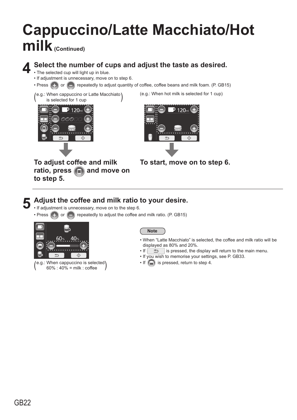 Cappuccino/latte macchiato/hot milk, Gb22 | Panasonic NCZA1 User Manual | Page 22 / 268