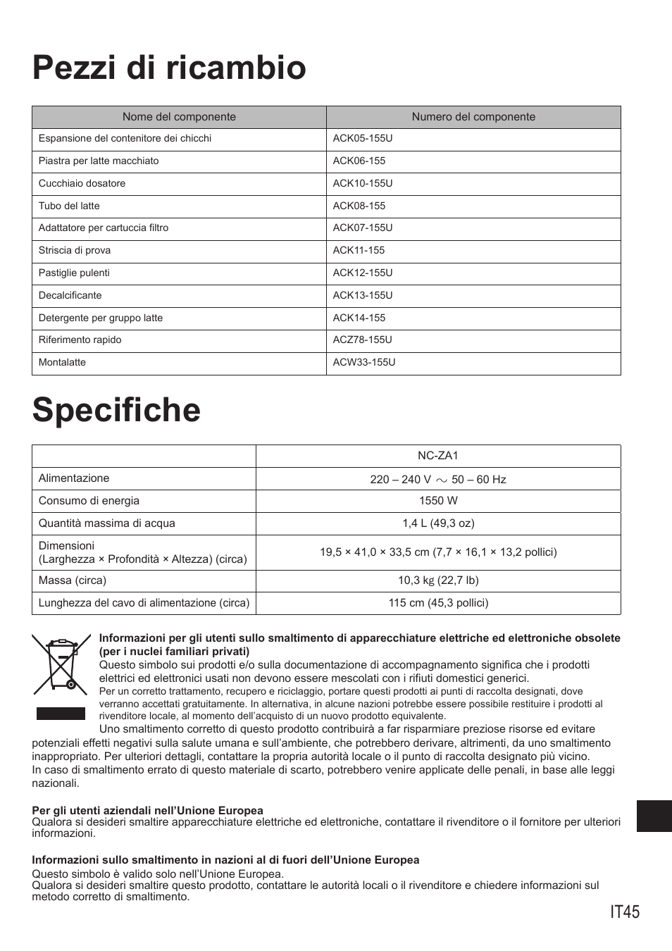 Pezzi di ricambio specifiche, It45 | Panasonic NCZA1 User Manual | Page 223 / 268