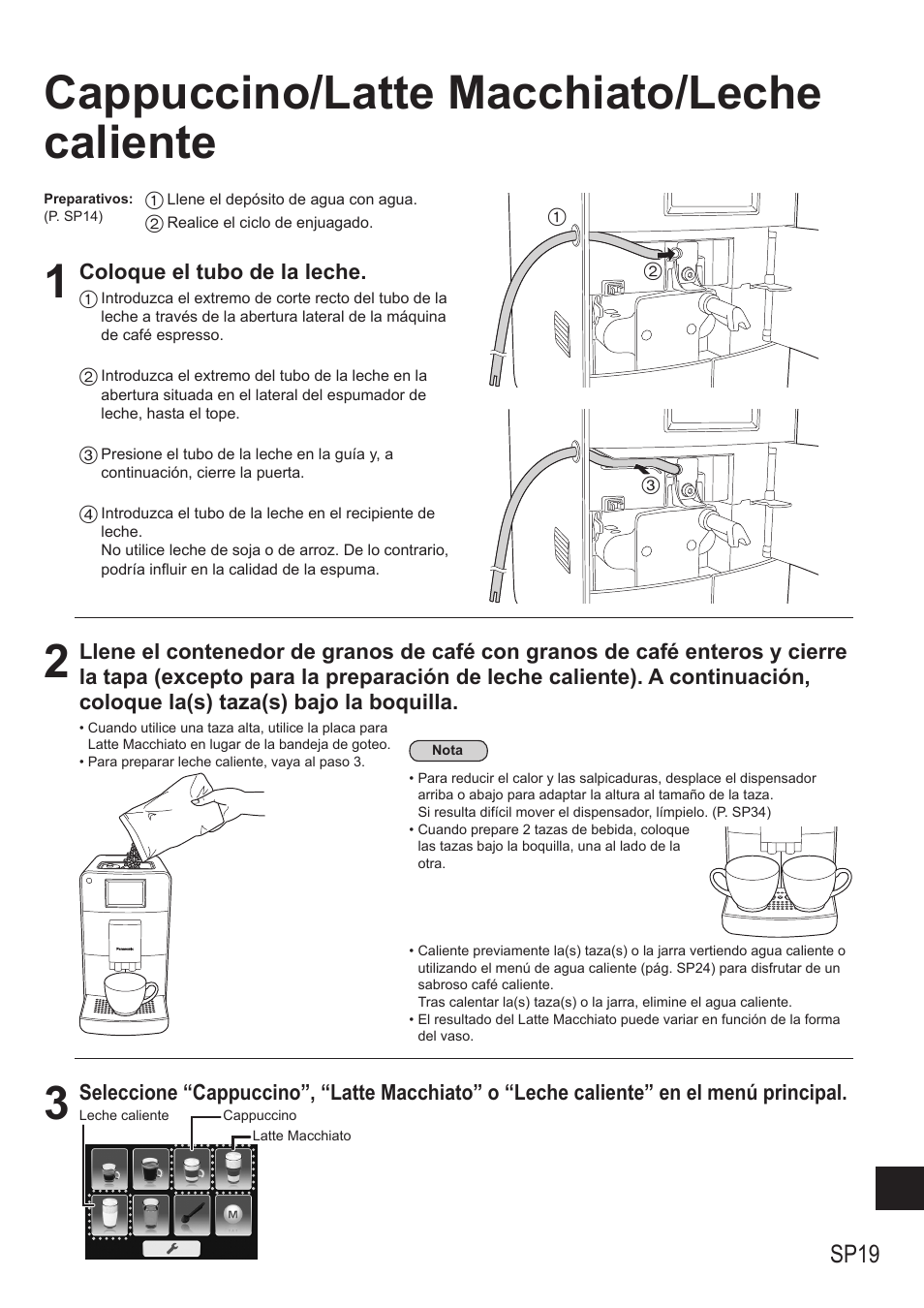 Cappuccino/latte macchiato/leche caliente, Sp19 | Panasonic NCZA1 User Manual | Page 241 / 268