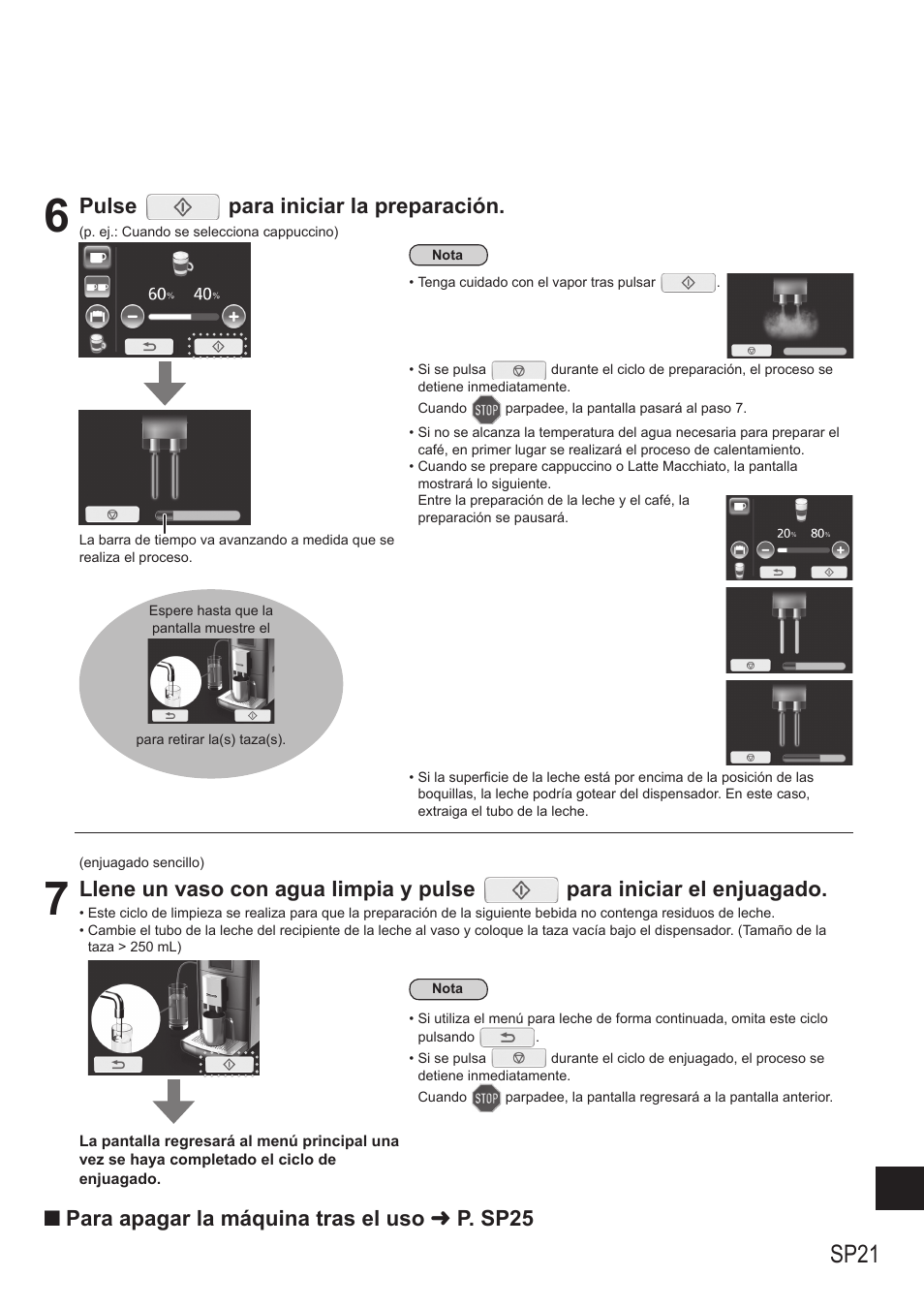 Sp21, Pulse para iniciar la preparación, Q para apagar la máquina tras el uso « p. sp25 | Panasonic NCZA1 User Manual | Page 243 / 268