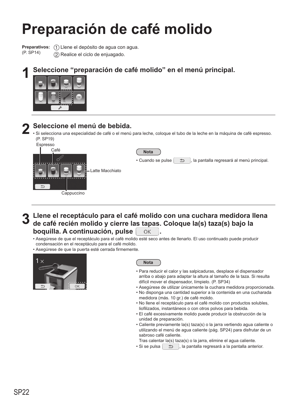 Preparación de café molido, Sp22, Seleccione el menú de bebida | Panasonic NCZA1 User Manual | Page 244 / 268