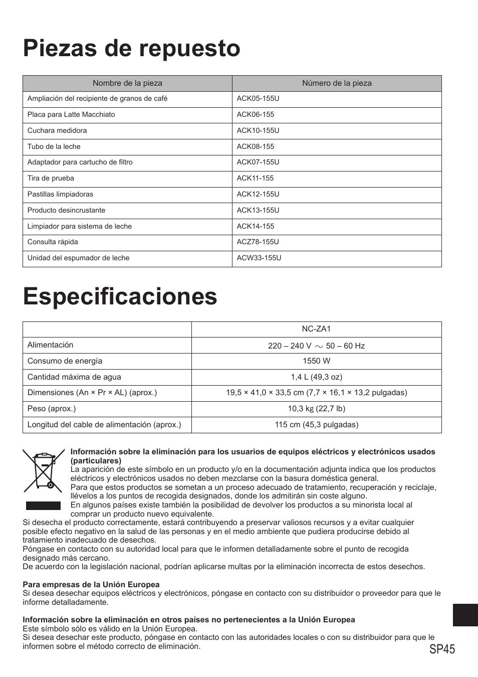 Piezas de repuesto especificaciones, Sp45 | Panasonic NCZA1 User Manual | Page 267 / 268